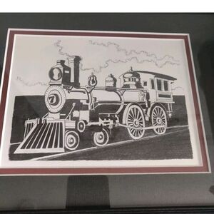 Train Steam Engine Charcoal Art in Black Frame Matted Under Glass 14" x 12" VGC